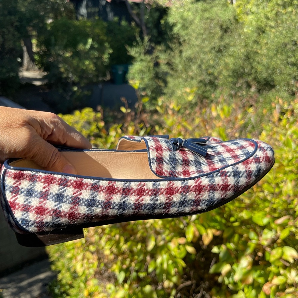 J. CREW Charlie Tassel Loafers Burgandy, White & Navy Blue Tweed Houndstooth 🎉 - Picture 9 of 15